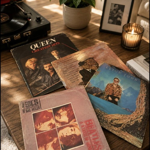 Vintage vinyl records used, rock genre, set