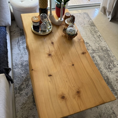Solid pine wood dining table and coffee table set with metal legs