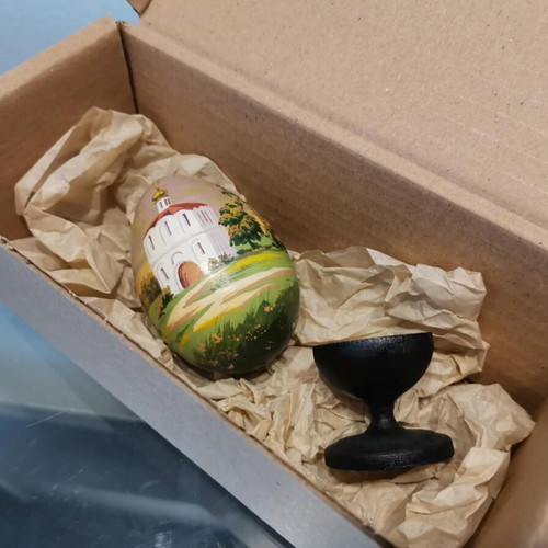 Russian egg used with hand-painted design and wooden base