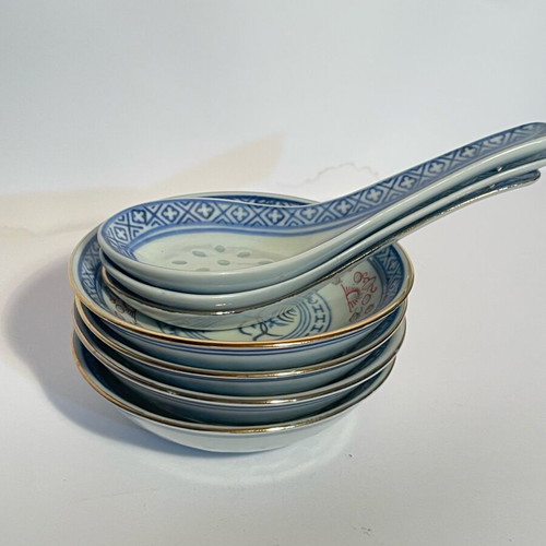 Set of 7 porcelain Chinese plates and spoons like new