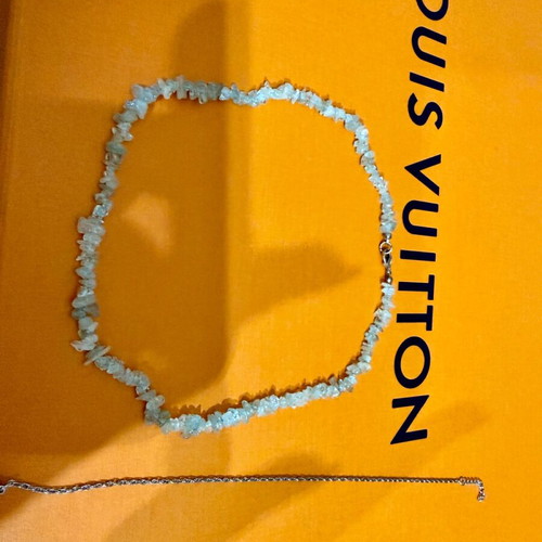 Necklace with semi-precious stones and stainless steel ankle chain new, gray silver
