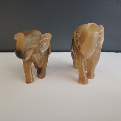 Carved elephant figurines used, set of two, missing tusks