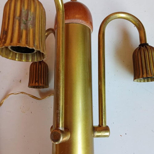 Vintage brass ceiling light with wooden details used, 1970s
