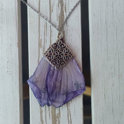 Necklace with floral talisman handmade with hibiscus petals, purple