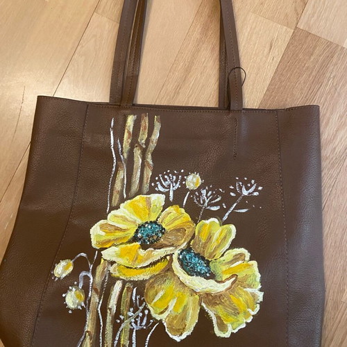 Painted bag with yellow poppies new, brown, large capacity 40x45