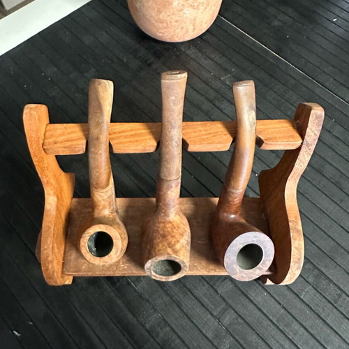 Kansas wooden pipe set with handmade wooden stand used, vintage