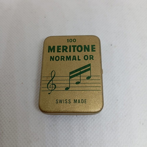 Vintage metal box with Meritone Swiss phonograph needles used