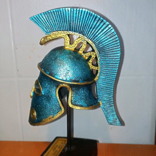 Corinthian Helmet Figurine handmade, painted in blue patina, new