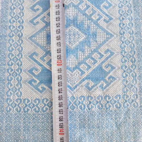 Woven Jacquard Tablecloth used, blue with geometric vintage cotton design