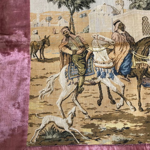Antique wall tapestry like new with pink velvet border