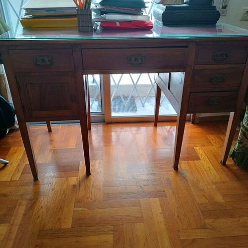 Antique desk like new with burgundy fabric and glass