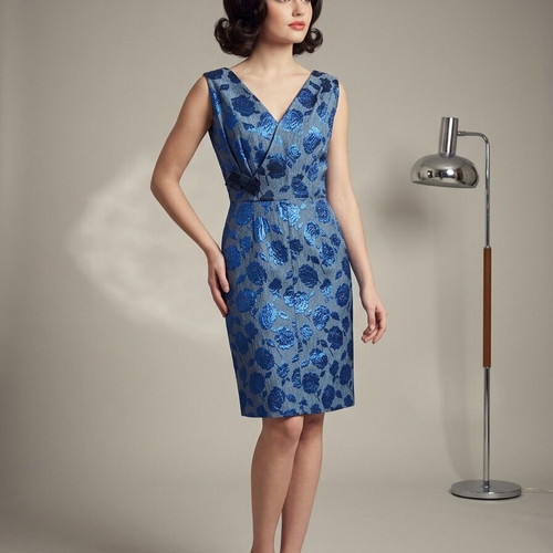Vintage Handmade Dress 60s Medium Blue Black Jacquard Brocade