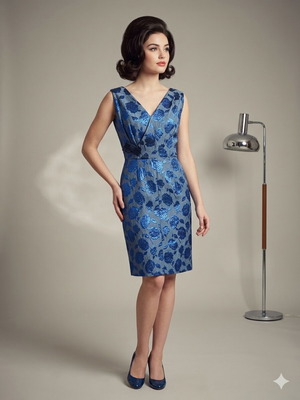 Vintage Handmade Dress 60s Medium Blue Black Jacquard Brocade