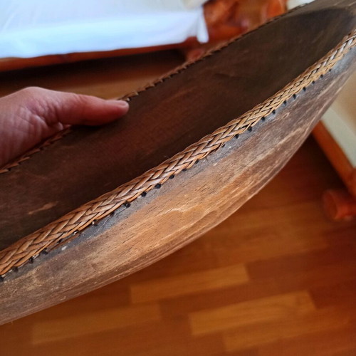 Ethnic serving platter handmade from wood and rattan