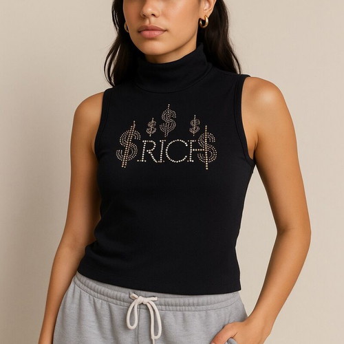 Black sleeveless turtleneck with RICH rhinestones Y2K, like new