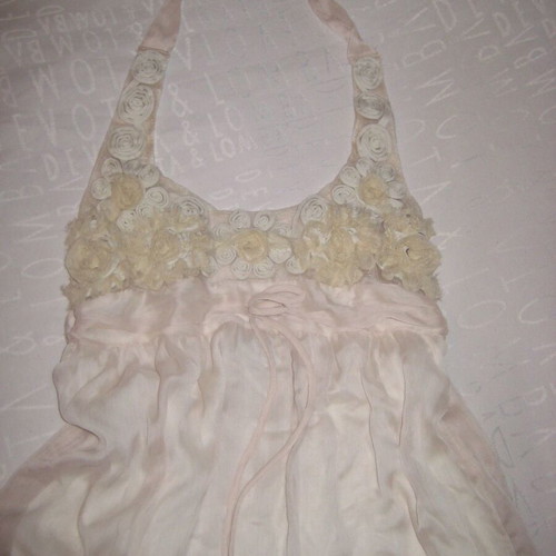Baby doll dress with floral appliques, peach chiffon