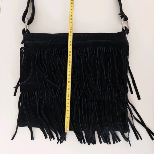 Genuine Leather crossbody bag used with fringes, black suede