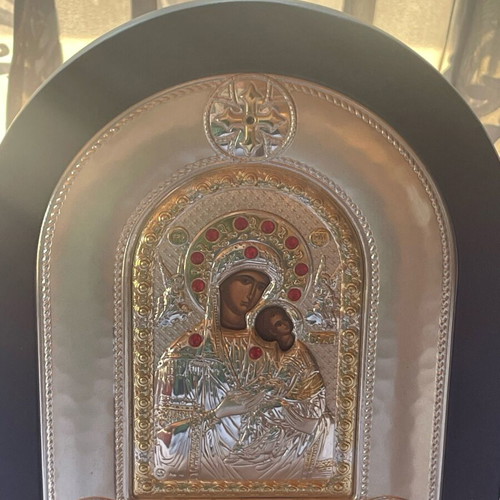 Silver icon Panagia Amolyntos new, silver and brown wood 31x37cm