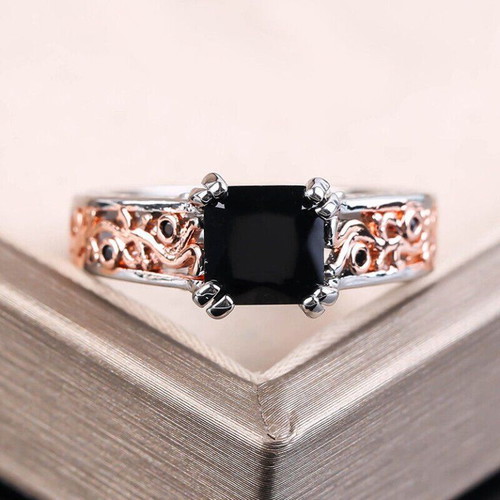 Ring with black zircon new, silver and rose gold