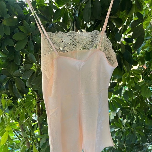Lingerie one-piece shorts pink pastel satin with lace flowers, new, XS