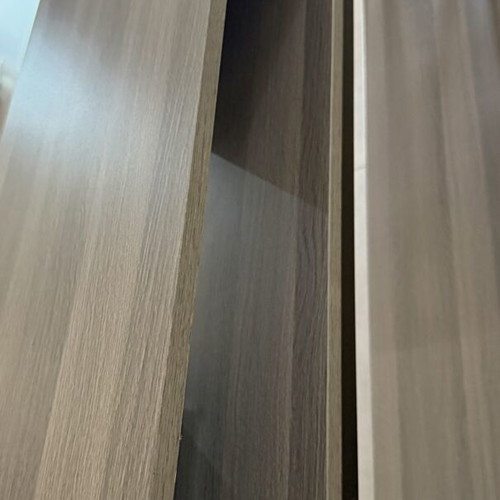 Console table like new, gray-beige wood texture with black metal base