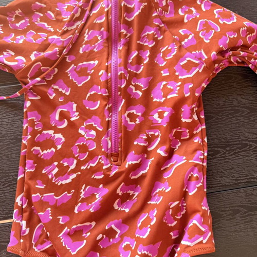 Sun of a Beach one-piece swimsuit new, long sleeve, zipper back, brown and pink