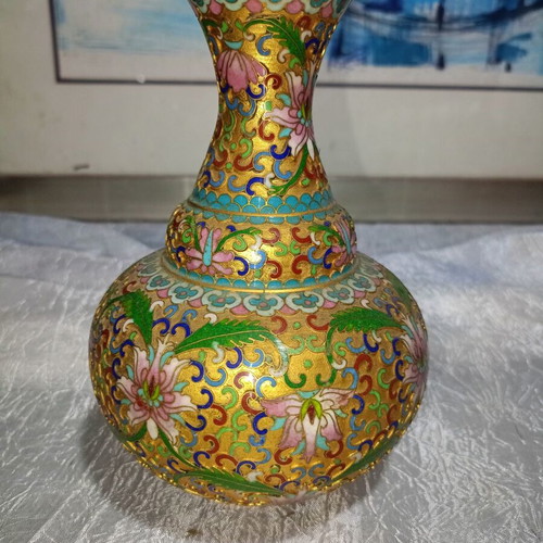 Vintage Cloisonne vase with gilded base and floral enamel design