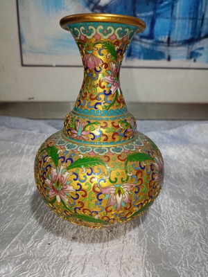 Vintage Cloisonne vase with gilded base and floral enamel design