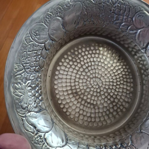 Decorative Metal Vintage Fruit Bowl with Embossed Fruits and Hammered Texture