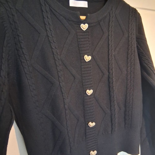 Viscose cardigan with knit patterns and heart-shaped rhinestone buttons, new