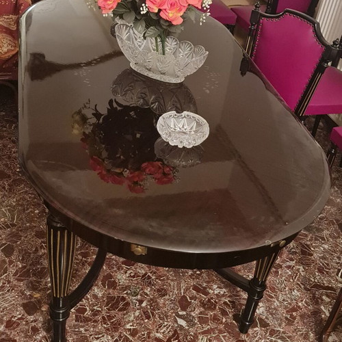 Antique dining set black lacquer like new with 6 leather chairs and sideboard