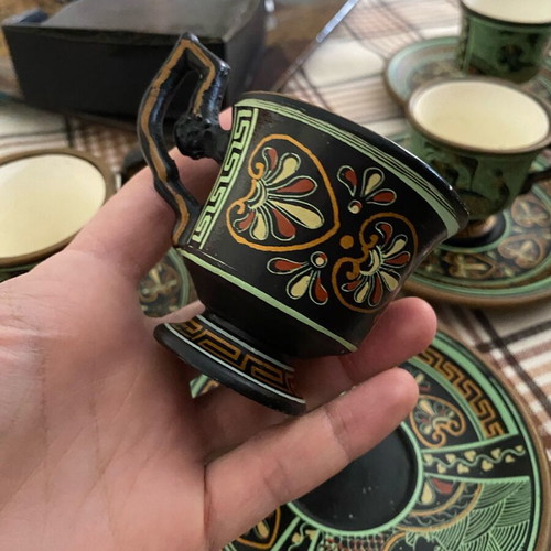 Ancient Greek coffee cups set like new, six pieces with saucers