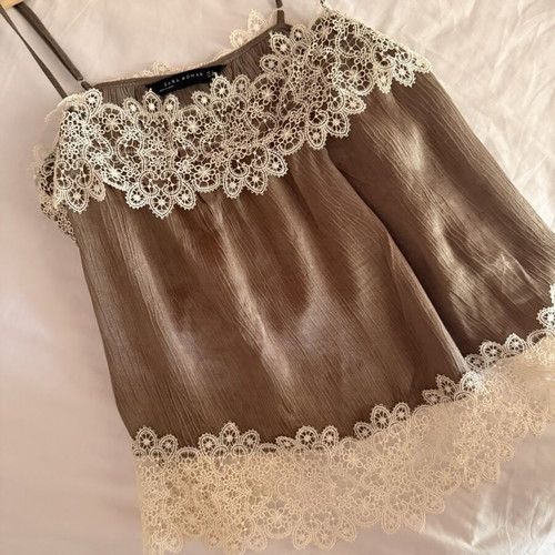 Satin khaki blouse with lace, like new, Zara