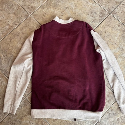 Sik Silk men's college-style cardigan used, burgundy and white, size L