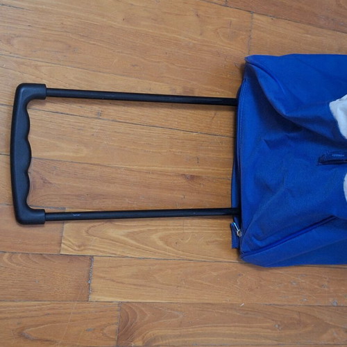 Travel sack used with handle and wheels, beige and blue