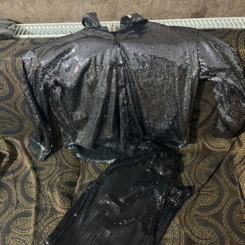 Shirt and pants set new, sparkling evening black and gray