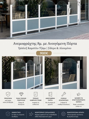 Windbreak 8m with Opening Door, Triplex Glass, Iron and Aluminum, Like New