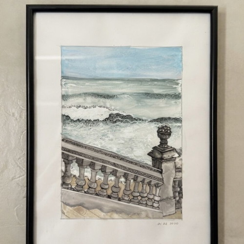 Original framed watercolor and ink painting of coastal sea view, used