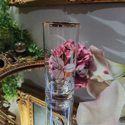 Vintage highball glass with gold rim and orchid decoration, 200 ml
