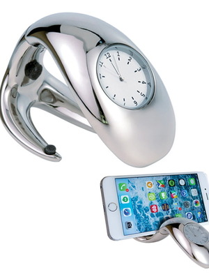 Επιτραπέζιο ρολόι με βάση για κινητό τηλέφωνο, σαν καινούργιο, νίκελ