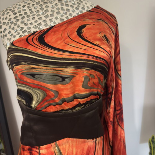Mischalis Silk Gown One Shoulder Abstract Marble Print Size L Like New