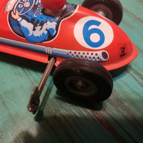 Tin formula car used, wind-up, functional, 17 cm