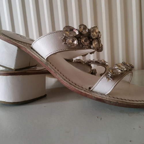 Lavorazione Artigiana leather sandals with rhinestones used, size 37 white