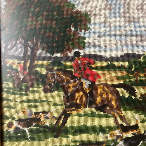 Vintage Gobelin Embroidered Hunting Scene with Baroque Frame 51x62 cm like new