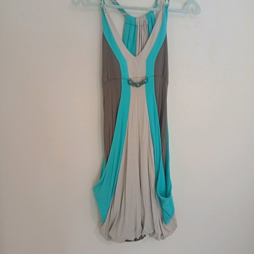 Summer women's dress like new, boho style, beige and turquoise