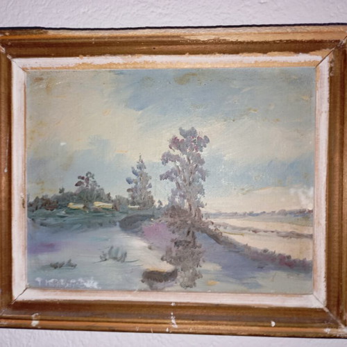 Retro landscape oil painting used, impressionist style with river and trees