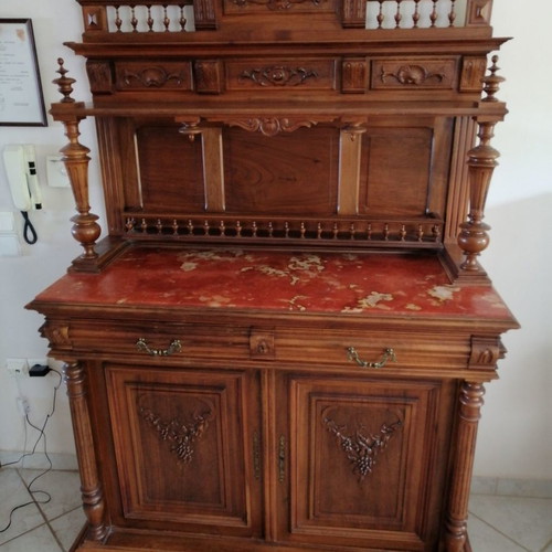 French antique cabinet used, solid carved walnut with marble