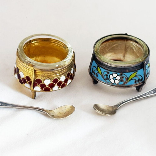 Bowls for caviar or salt used, handmade enamel Hommet 1950s