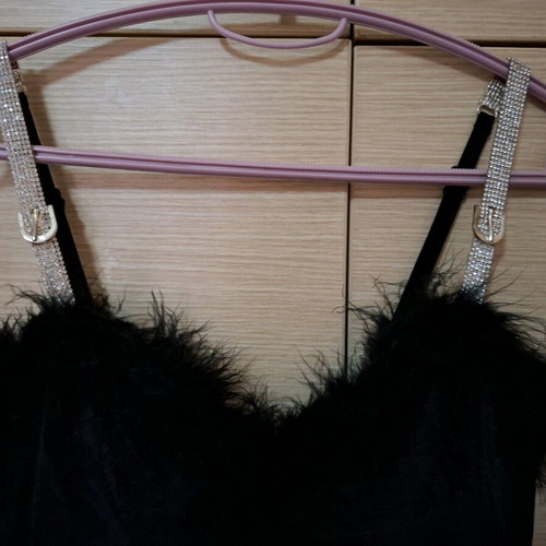 Velvet short dress with feathers and rhinestone straps like new, black, size S