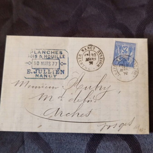 French letter from 1877 used with three postal stamps and company seal